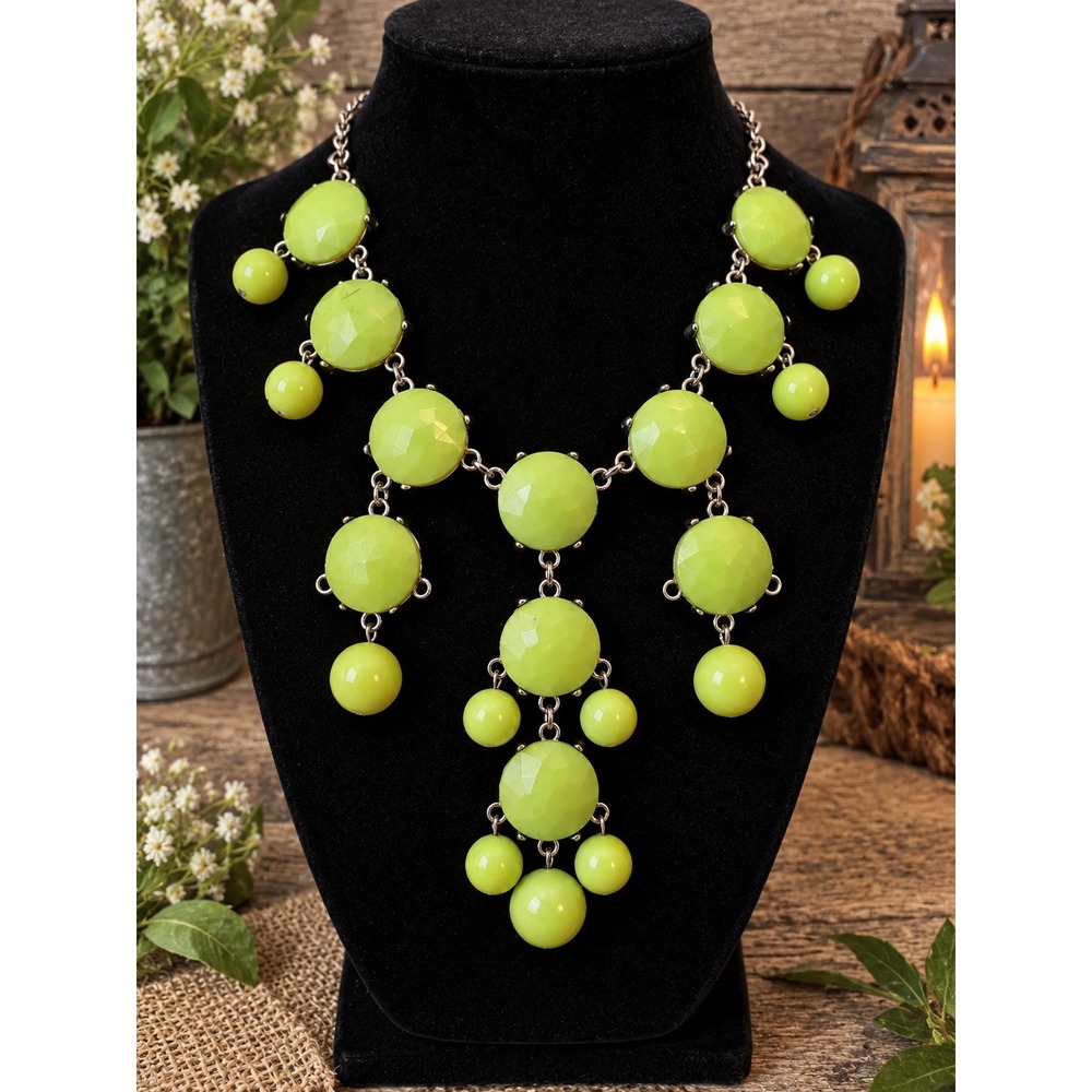 Lime Green 20" Statement Necklace Faceted Beads Silver Tone Bib Y2K Boho